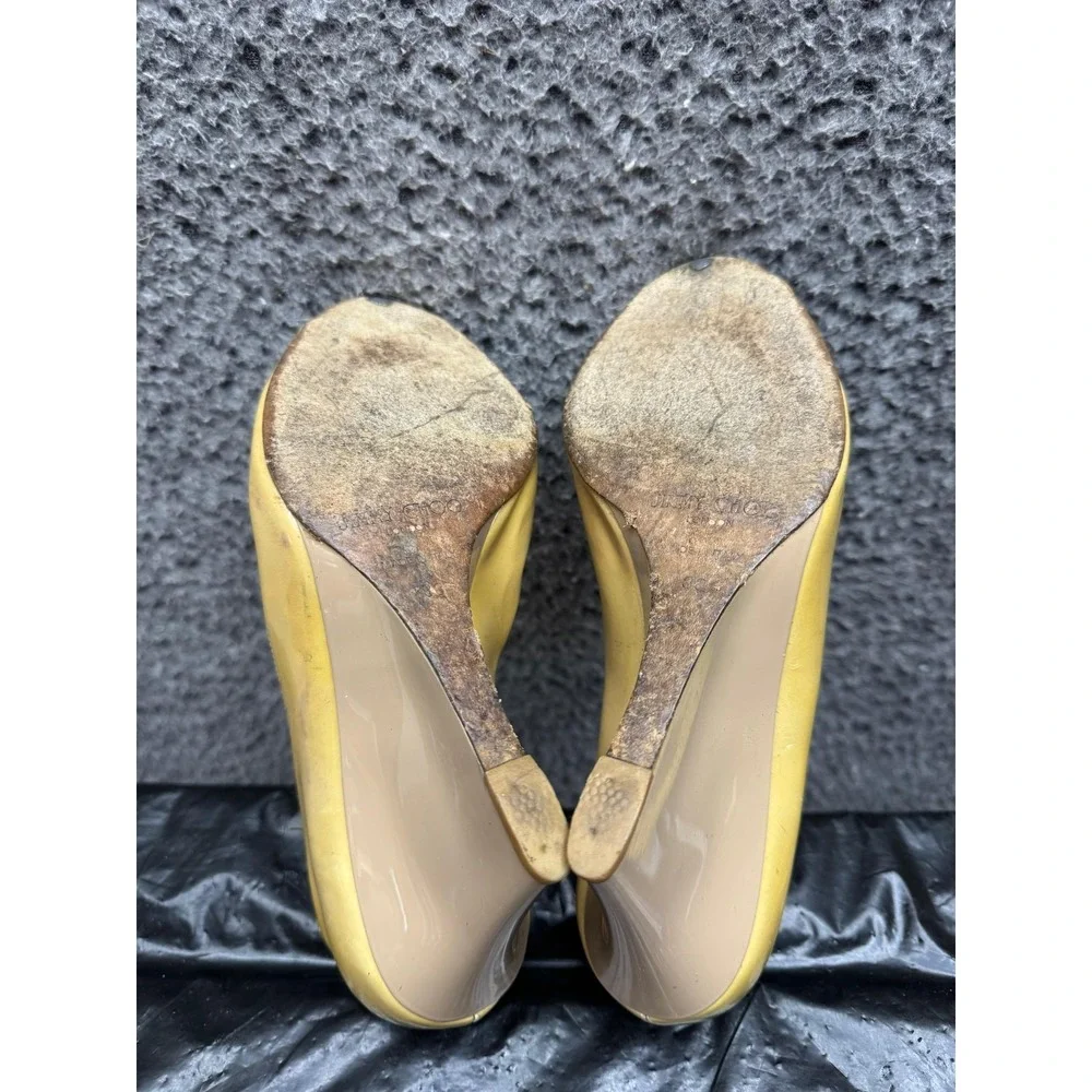 Jimmy Choo Patent Leather Peep Toe Wedge Pumps Yellow Womens Size 38 EU